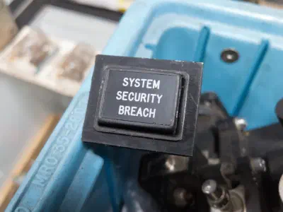 A square black indicator light labelled SYSTEM SECURITY BREACH, mounted in a blue plastic panel